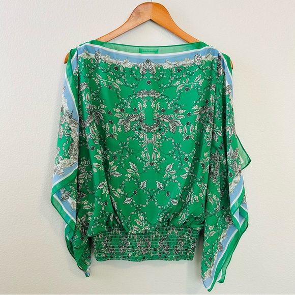Flowy Cottage Green Patterned Scrunch Waist Elegant Feminine Women's Top - Picture 8 of 12
